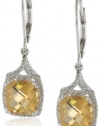 Badgley Mischka Fine Jewelry Sterling Silver White Diamonds Large Cushion Cut Citrine Earrings