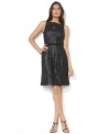Lauren Ralph Lauren's delicate lace dress is crafted with glistening metallic threads for a modern, feminine touch.