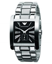 A dashing statement of time, by Emporio Armani. This watch features a stainless steel bracelet and oversized square case. Black dial with silvertone roman numerals, logo and subdial. Quartz movement. Water resistant to 30 meters. Two-year limited warranty. A dashing statement of time, by Emporio Armani. This watch features a stainless steel bracelet and oversized square case. Black dial with silvertone roman numerals, logo and subdial. Quartz movement. Water resistant to 30 meters. Two-year limited warranty.