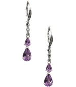 Polish your look with not one, but two, vibrant pops of color! Judith Jack's stunning drop earrings feature two pear-cut amethyst drops (3-5/8 ct. t.w.) and glittering marcasite (1/5 ct. t.w.). Set in sterling silver. Approximate drop: 1-3/4 inches.
