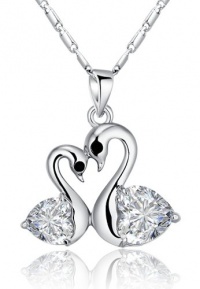 Heart Shaped Crystal Love Pair Silver Tone Swans Necklace (Clear) 2018101 Heart Shaped Crystal Love Pair Silver Tone Swans Necklace (Clear) 2018101