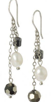 Hematite Cylinders with White Freshwater Cultured Pearl and Glass Beads Multi-Drop Earrings Hematite Cylinders with White Freshwater Cultured Pearl and Glass Beads Multi-Drop Earrings