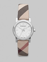 A true signature design with a check etched dial and a check strap. Quartz movementWater resistant to 3 ATMRound stainless steel case, 26mm (1) Smooth bezelSilver check stamped dialBar hour markersSecond hand Nova check strapMade in Switzerland A true signature design with a check etched dial and a check strap. Quartz movementWater resistant to 3 ATMRound stainless steel case, 26mm (1) Smooth bezelSilver check stamped dialBar hour markersSecond hand Nova check strapMade in Switzerland