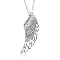 Sterling Silver WHITE Angel Feather Wing WHITE Diamond Pendant Necklace-0.25 carat Sterling Silver WHITE Angel Feather Wing WHITE Diamond Pendant Necklace-0.25 carat