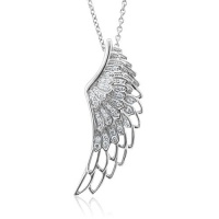 Sterling Silver WHITE Angel Feather Wing WHITE Diamond Pendant Necklace-0.25 carat