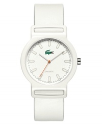 Get decked out with monochromatic style. The Lacoste Tokyo watch features a white leather strap and round stainless steel case. White dial with tonal stick indices and logo. Quartz movement. Water resistant to 30 meters. Two-year limited warranty. Get decked out with monochromatic style. The Lacoste Tokyo watch features a white leather strap and round stainless steel case. White dial with tonal stick indices and logo. Quartz movement. Water resistant to 30 meters. Two-year limited warranty.