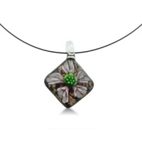 Blooming Black and Green Flower Murano Glass Pendant on a Black Stainless Steel Wire, 18 Inches