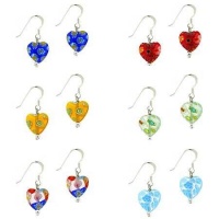 Sterling Silver Multi Color Millefiori Murano Glass Heart Dangle Earrings Set Sterling Silver Multi Color Millefiori Murano Glass Heart Dangle Earrings Set