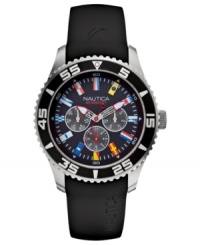 A united nation of flags cover this sporty, multi-functional watch from Nautica. A united nation of flags cover this sporty, multi-functional watch from Nautica.