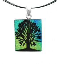 Sterling Silver Dichroic Glass Multi-Color Tree of Life Pattern Rectangular Pendant Necklace on Stainless Steel Wire, 18