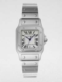 From the Santos de Cartier Collection. A modern rendition of one of the first ever wrist watches, this stainless steel timepiece is highly functional with an elegant and casual look. Quartz movementWater resistant to 3 ATMRectangular stainless steel case, 41.3mm (1.6) X 31.6mm (1.2)Screw accented bezelSilver grained dialRoman numeral hour markersDate display at 6 o'clockSecond hand Stainless steel link braceletMade in Switzerland From the Santos de Cartier Collection. A modern rendition of one of the first ever wrist watches, this stainless steel timepiece is highly functional with an elegant and casual look. Quartz movementWater resistant to 3 ATMRectangular stainless steel case, 41.3mm (1.6) X 31.6mm (1.2)Screw accented bezelSilver grained dialRoman numeral hour markersDate display at 6 o'clockSecond hand Stainless steel link braceletMade in Switzerland