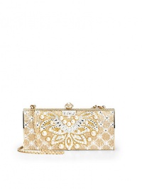 THE LOOKRemovable tuck-away chainElongated rectangular boxOpulent beadwork with two-tone and pearl-inspired crystalsJewel clasp push-lock closureInside logo detailTHE MEASUREMENTShoulder chain, 9 drop6½W X 3H X 1½DTHE MATERIALCrystalsMetal boxMetallic leather liningORIGINMade in Italy THE LOOKRemovable tuck-away chainElongated rectangular boxOpulent beadwork with two-tone and pearl-inspired crystalsJewel clasp push-lock closureInside logo detailTHE MEASUREMENTShoulder chain, 9 drop6½W X 3H X 1½DTHE MATERIALCrystalsMetal boxMetallic leather liningORIGINMade in Italy
