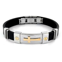 Stainless Steel and Black Rubber Bracelet With Gold Plated Cross