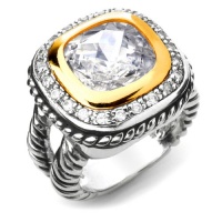 Double Cable Band Ring with Cushion Cut Grade AAAAA CZ & Pave. 18K White Gold Filled.