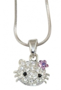 Small Adorable 1/2 Crystal Hello Kitty Pendant and Necklace - Light Purple Flower Bow - Silver Plated Small Adorable 1/2 Crystal Hello Kitty Pendant and Necklace - Light Purple Flower Bow - Silver Plated