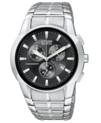 Black texture and smooth steel set the stage for sophistication on this Eco-Drive watch by Citizen. Black texture and smooth steel set the stage for sophistication on this Eco-Drive watch by Citizen.