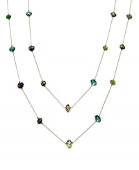 Go to great lengths with your style. This illusion necklace from c.A.K.e. by Ali Khan strings colorful glass rondelle beads (10/12 mm) on an extra long two-row chain. Crafted in gold tone mixed metal. Approximate length: 60 inches. Go to great lengths with your style. This illusion necklace from c.A.K.e. by Ali Khan strings colorful glass rondelle beads (10/12 mm) on an extra long two-row chain. Crafted in gold tone mixed metal. Approximate length: 60 inches.