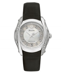 Brilliant diamond-accented precision, by Bulova. This Precisionist collection watch features a continuously sweeping second hand that keeps time accurate to ten seconds a year. Round stainless steel case and black fabric on beige nubuck strap. Diamond accents at bezel. White mother-of-pearl dial features silvertone hands and logo, diamond accents at markers and date window at six o'clock. Quartz movement. Water resistant to 30 meters. Three-year limited warranty. Brilliant diamond-accented precision, by Bulova. This Precisionist collection watch features a continuously sweeping second hand that keeps time accurate to ten seconds a year. Round stainless steel case and black fabric on beige nubuck strap. Diamond accents at bezel. White mother-of-pearl dial features silvertone hands and logo, diamond accents at markers and date window at six o'clock. Quartz movement. Water resistant to 30 meters. Three-year limited warranty.