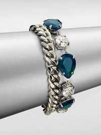From the Black Tie Optional Collection. A chunky curb chain is joined by a row of emerald green and clear faceted stones in this fun design, the two strands creating a quirky complement to one another.Glass and plasticSilvertoneLength, about 8Ring claspImported From the Black Tie Optional Collection. A chunky curb chain is joined by a row of emerald green and clear faceted stones in this fun design, the two strands creating a quirky complement to one another.Glass and plasticSilvertoneLength, about 8Ring claspImported