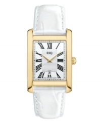Consider a new neutral. The handsome details of this Filmore watch by ESQ by Movado will have you rethinking black and brown. White croc-embossed leather strap and rectangular gold-plated stainless steel case. Silver tone dial with textured inner dial features black Roman numerals at markers, minute track, date window at six o'clock, two gold tone hands and logo. Swiss quartz movement. Water resistant to 30 meters. Two-year limited warranty. Consider a new neutral. The handsome details of this Filmore watch by ESQ by Movado will have you rethinking black and brown. White croc-embossed leather strap and rectangular gold-plated stainless steel case. Silver tone dial with textured inner dial features black Roman numerals at markers, minute track, date window at six o'clock, two gold tone hands and logo. Swiss quartz movement. Water resistant to 30 meters. Two-year limited warranty.