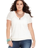 Lace up your casual look with Lucky Brand Jeans' short sleeve plus size top, punctuated by a smocked hem.