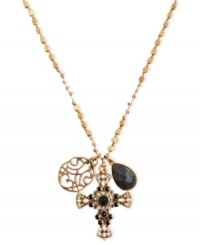 The shine of the cross illuminates in this charm necklace from Lucky Brand. Crafted from gold-tone mixed metal, the necklace features semi-precious dyed jade and glass accents. Item comes packaged in a signature Lucky Brand Box. Approximate length: 30 inches. Approximate drop: 1-1/2 inches. The shine of the cross illuminates in this charm necklace from Lucky Brand. Crafted from gold-tone mixed metal, the necklace features semi-precious dyed jade and glass accents. Item comes packaged in a signature Lucky Brand Box. Approximate length: 30 inches. Approximate drop: 1-1/2 inches.