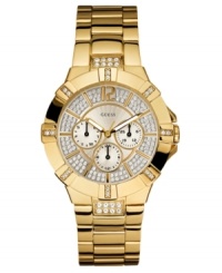 A touch of art deco style adds to the glam of this beautiful goldtone watch from GUESS. Goldtone stainless steel bracelet and round case. Round bezel with crystal accents and goldtone dial with three subdials, logo, stick indices and crystal accents. Quartz movement. Water resistant to 100 meters. Ten-year limited warranty. A touch of art deco style adds to the glam of this beautiful goldtone watch from GUESS. Goldtone stainless steel bracelet and round case. Round bezel with crystal accents and goldtone dial with three subdials, logo, stick indices and crystal accents. Quartz movement. Water resistant to 100 meters. Ten-year limited warranty.