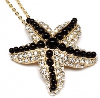 Exquisite Large 2 Gold Plated Crystal and Black Bead Sea Life Starfish Ocean Themed Pendant and Necklace Exquisite Large 2 Gold Plated Crystal and Black Bead Sea Life Starfish Ocean Themed Pendant and Necklace