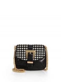 THE LOOKGoldtone shoulder chainHoundstooth printed calf hair flapBuckle strap front detailSnap flap closureOne inside open pocketInside logo tagTHE FITShoulder chain, 20 drop8½W X 7H X 1½DTHE MATERIALCalf hairLeatherFully linedORIGINImported THE LOOKGoldtone shoulder chainHoundstooth printed calf hair flapBuckle strap front detailSnap flap closureOne inside open pocketInside logo tagTHE FITShoulder chain, 20 drop8½W X 7H X 1½DTHE MATERIALCalf hairLeatherFully linedORIGINImported