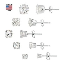 Sterling Silver CZ Stud Earrings, Set of 5, 3mm-7mm, 6ct Sterling Silver CZ Stud Earrings, Set of 5, 3mm-7mm, 6ct