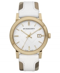 Wrapped in smooth, rich leather, this timepiece from Burberry features their iconic check pattern in golden hues and crisp whites. Wrapped in smooth, rich leather, this timepiece from Burberry features their iconic check pattern in golden hues and crisp whites.