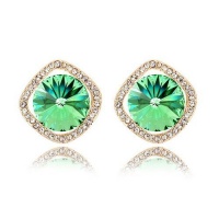 Contessa Bella Fancy Genuine 18k Gold Plated Green and Clear Swarovski Austrian Crystal Elements Beautiful Framed Round Stone Pierced Stud Post Women Earrings Elegant Crystal Fashion Jewelry