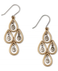 These pretty chandelier earrings from Lucky Brand have a DIY appeal with golden teardrops holding textured accents at the center. Crafted in gold tone and silver tone mixed metal. Approximate drop: 1-3/4 inches. These pretty chandelier earrings from Lucky Brand have a DIY appeal with golden teardrops holding textured accents at the center. Crafted in gold tone and silver tone mixed metal. Approximate drop: 1-3/4 inches.