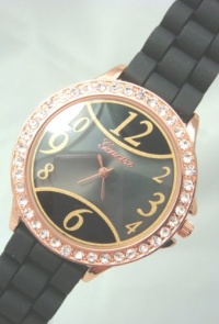 Geneva Black Rose Gold Numbers on Glass Silicone Crystal Large Face Watch Geneva Black Rose Gold Numbers on Glass Silicone Crystal Large Face Watch