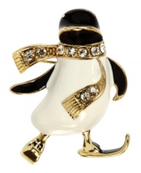 Go play in a winter wonderland with this charming penguin box pin from Jones New York. The fun design is styled with black and white detail and sparkling accents. Crafted in gold tone mixed metal. Approximate length: 1-3/4 inches. Includes gift box. Go play in a winter wonderland with this charming penguin box pin from Jones New York. The fun design is styled with black and white detail and sparkling accents. Crafted in gold tone mixed metal. Approximate length: 1-3/4 inches. Includes gift box.
