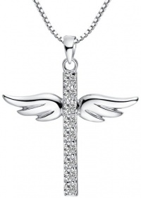 Sterling Silver Cubic Zirconia Angel Winged Cross Pendant Necklace with Box Chain 18 Inch - SP011n1 Sterling Silver Cubic Zirconia Angel Winged Cross Pendant Necklace with Box Chain 18 Inch - SP011n1