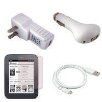 USB Car Charger, USB Wall / Travel Charger, Screen Protector / Guard and USB Data Cable with Fishbond Key Chain for the Barnes and Noble Nook Simple Touch Reader (2nd Edition)