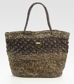 Two-toned woven grass design with palm tree details for a truly tropical look. Woven grass9W X 13H X 28DSpot cleanImported