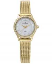 Make everyday sparkle with the crystal accents on this mesh bracelet watch by Skagen Denmark. Make everyday sparkle with the crystal accents on this mesh bracelet watch by Skagen Denmark.