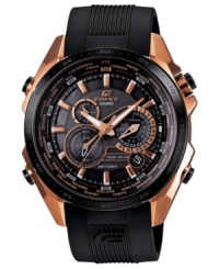 The luxe combo of black and rose-gold adds a rich look to this versatile Edifice watch from G-Shock. The luxe combo of black and rose-gold adds a rich look to this versatile Edifice watch from G-Shock.