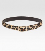 Leopard-print Italian hair calf reverses to smooth semi-gloss leather with brass hardware for an easy, multipurpose look. About 1¼ wide Nubuk calf lining Made in USA 