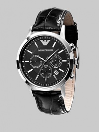 A classic timepiece fit for a lifetime of wear in solid stainless steel with chronograph functionality and a croco-embossed leather strap. Quartz movement Water-resistant to 5ATM /50m Stainless steel case, 43mm, 1.69 Leather strap, 22mm wide, .87 Sapphire crystal Black dial Hour markers Date display Imported 