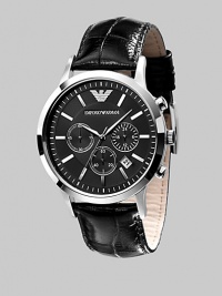 A classic timepiece fit for a lifetime of wear in solid stainless steel with chronograph functionality and a croco-embossed leather strap. Quartz movement Water-resistant to 5ATM /50m Stainless steel case, 43mm, 1.69 Leather strap, 22mm wide, .87 Sapphire crystal Black dial Hour markers Date display Imported A classic timepiece fit for a lifetime of wear in solid stainless steel with chronograph functionality and a croco-embossed leather strap. Quartz movement Water-resistant to 5ATM /50m Stainless steel case, 43mm, 1.69 Leather strap, 22mm wide, .87 Sapphire crystal Black dial Hour markers Date display Imported