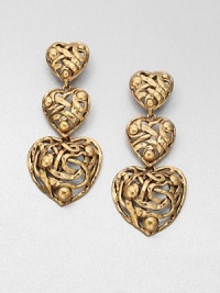 A sweet style with three graduated hearts in an elegant drop design. Pewter and brassDrop, about 3.75Clip-on backMade in USA A sweet style with three graduated hearts in an elegant drop design. Pewter and brassDrop, about 3.75Clip-on backMade in USA