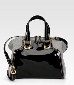 Shiny patent leather combines with ultra-luxe canvas in this tailored silhouette. Patent leather top handles, 5 dropAdjustable detachable patent leather shoulder strap, 18-24½ dropTop zip closureProtective metal feetTwo inside open pocketsFully lined12W X 10H X 6DMade in Italy