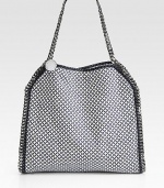 Polished chain trim and print adds edge this versatile faux leather design.Double chain handles, 4 dropTop snap closureOne inside zip pocketNylon logo lining14¾W X 13H X 3DMade in Italy