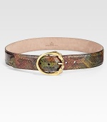 Rainbow python leather embellished with a round horse head buckle with antique gold hardware.About 1.6 wideMade in Italy