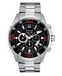 Declare your dapper fashion sense with the sporty Marine Star watch by Bulova. Stainless steel bracelet and round case. Black bezel with red numerals. Textured black chronograph dial features applied luminous silver tone stick indices, tachymeter scale, date window, three subidal, luminous hands and logo. Quartz movement. Water resistant to 100 meters. Three-year limited warranty.