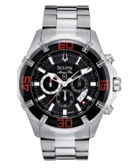 Declare your dapper fashion sense with the sporty Marine Star watch by Bulova. Stainless steel bracelet and round case. Black bezel with red numerals. Textured black chronograph dial features applied luminous silver tone stick indices, tachymeter scale, date window, three subidal, luminous hands and logo. Quartz movement. Water resistant to 100 meters. Three-year limited warranty. Declare your dapper fashion sense with the sporty Marine Star watch by Bulova. Stainless steel bracelet and round case. Black bezel with red numerals. Textured black chronograph dial features applied luminous silver tone stick indices, tachymeter scale, date window, three subidal, luminous hands and logo. Quartz movement. Water resistant to 100 meters. Three-year limited warranty.