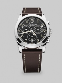 A classic timepiece is accented with a three-eye chronograph movement, set in a stainless steel case with a tanned leather strap bracelet.Quartz movementRound bezelWater resistant to 100ATMDate display at 6 o'clockSecond handStainless steel case: 40mm(1.57)Leather strap braceletImported A classic timepiece is accented with a three-eye chronograph movement, set in a stainless steel case with a tanned leather strap bracelet.Quartz movementRound bezelWater resistant to 100ATMDate display at 6 o'clockSecond handStainless steel case: 40mm(1.57)Leather strap braceletImported